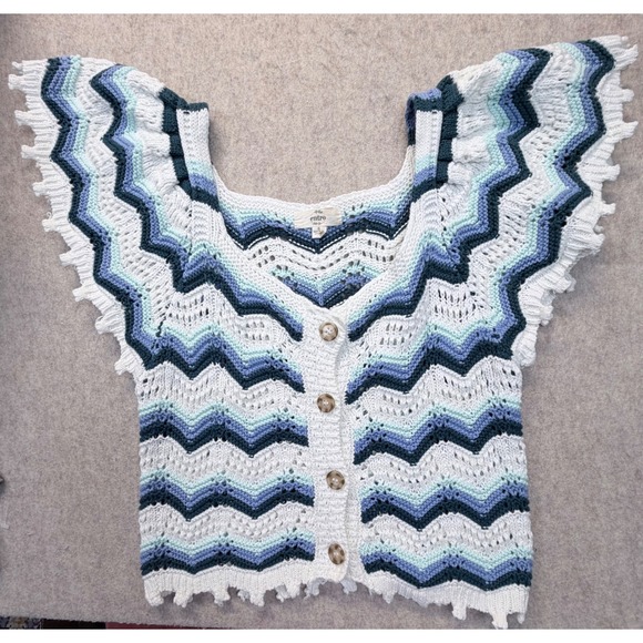 entro Sweaters - Entro Crochet Cardigan Womens Small Blue White Chevron Ruffle
Knit Boho